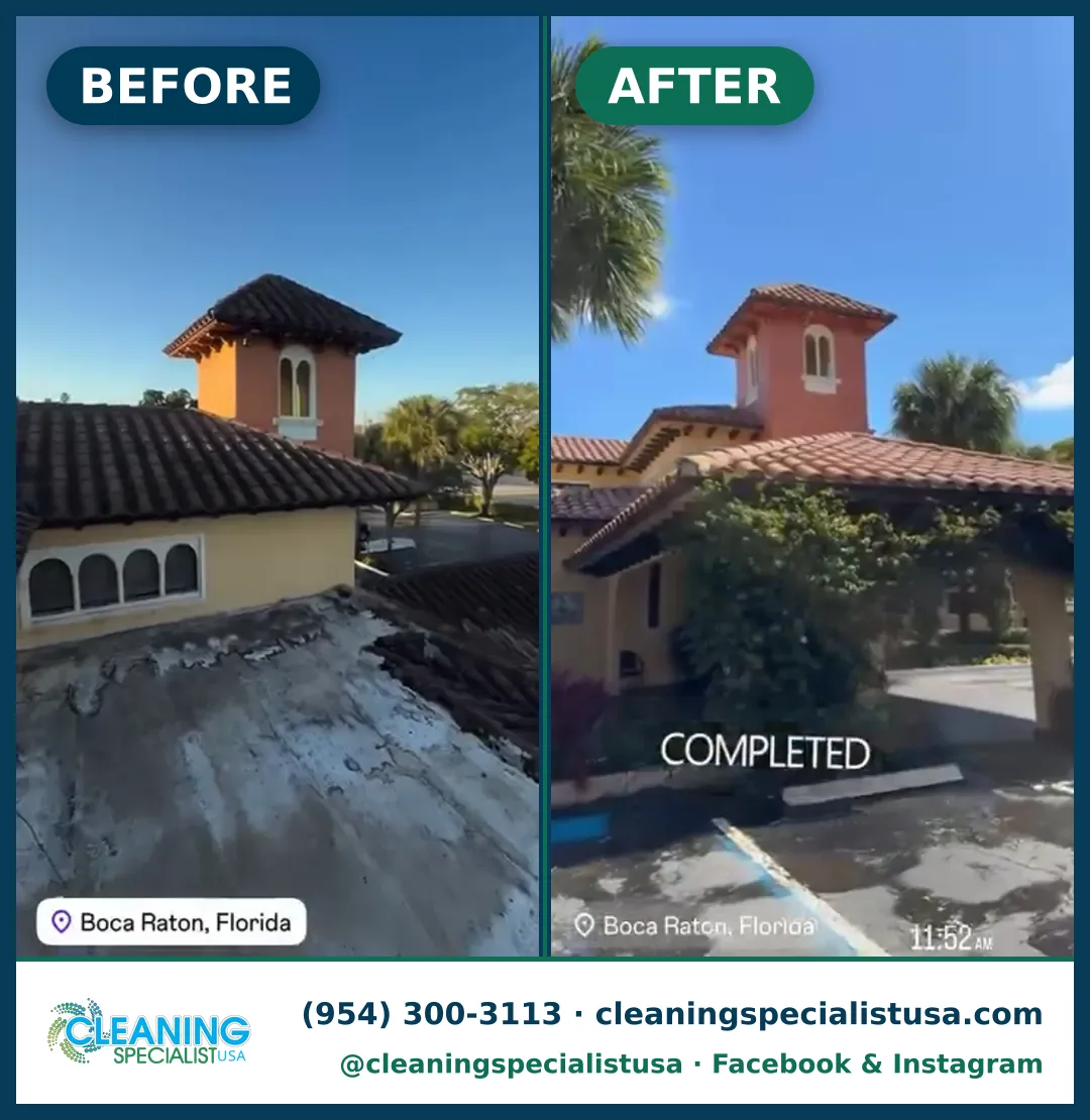 Lavado suave de techo comercial de tejas, Boca Raton: antes y después