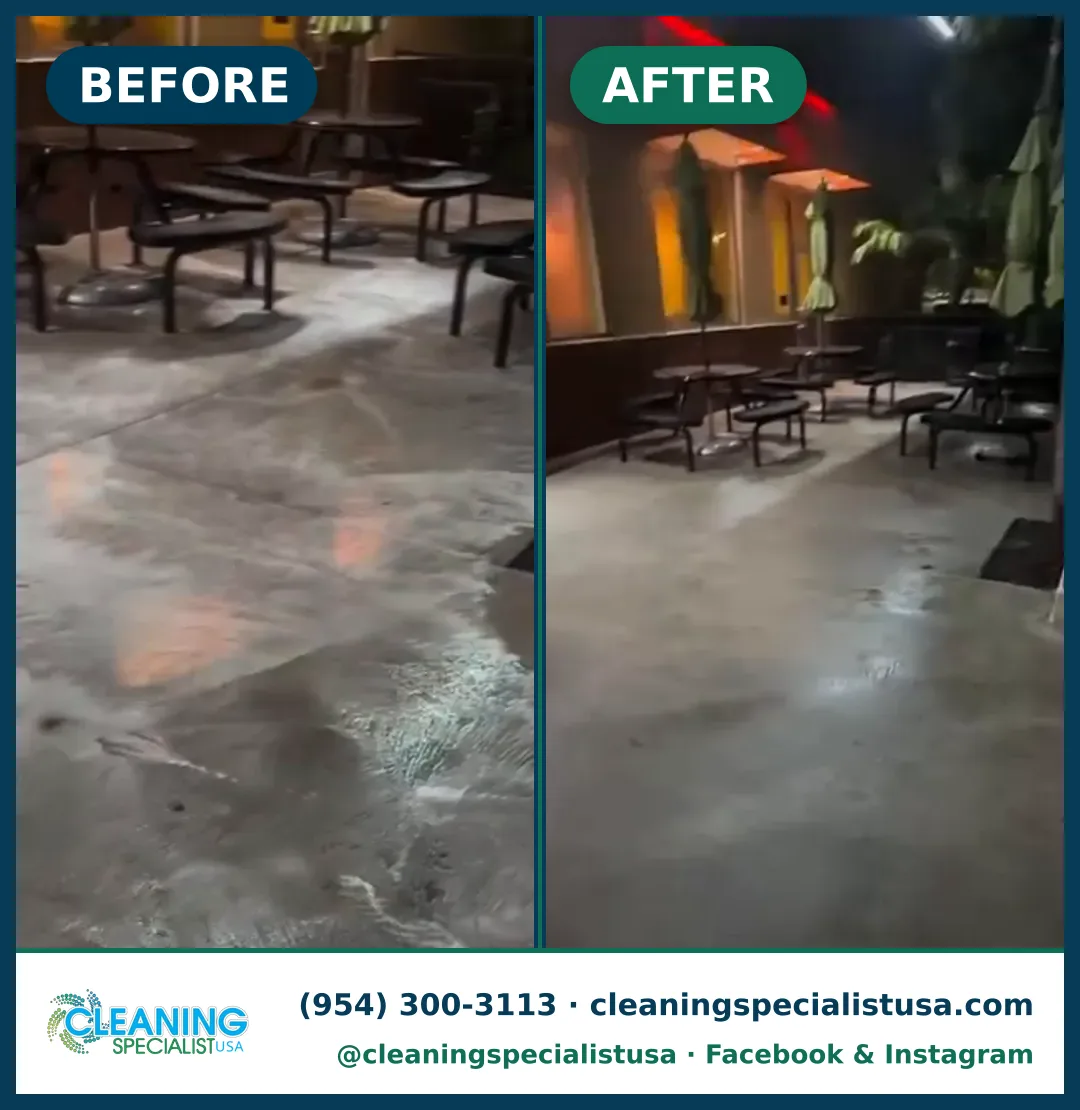 Desengrasado de patio de restaurante, de noche, Boynton Beach: antes y después
