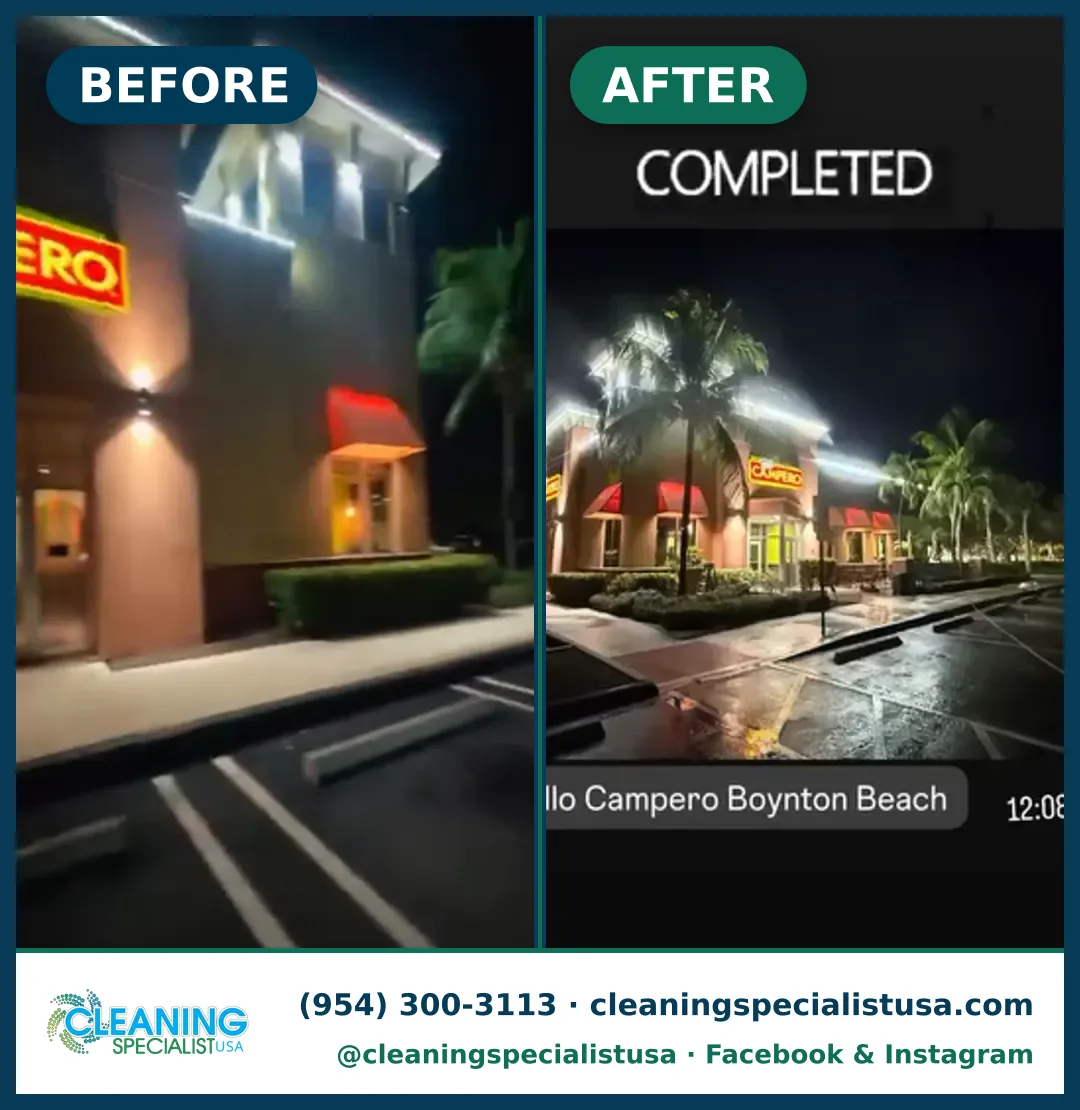 Estacionamiento y fachada de restaurante, de noche, Boynton Beach: antes y después