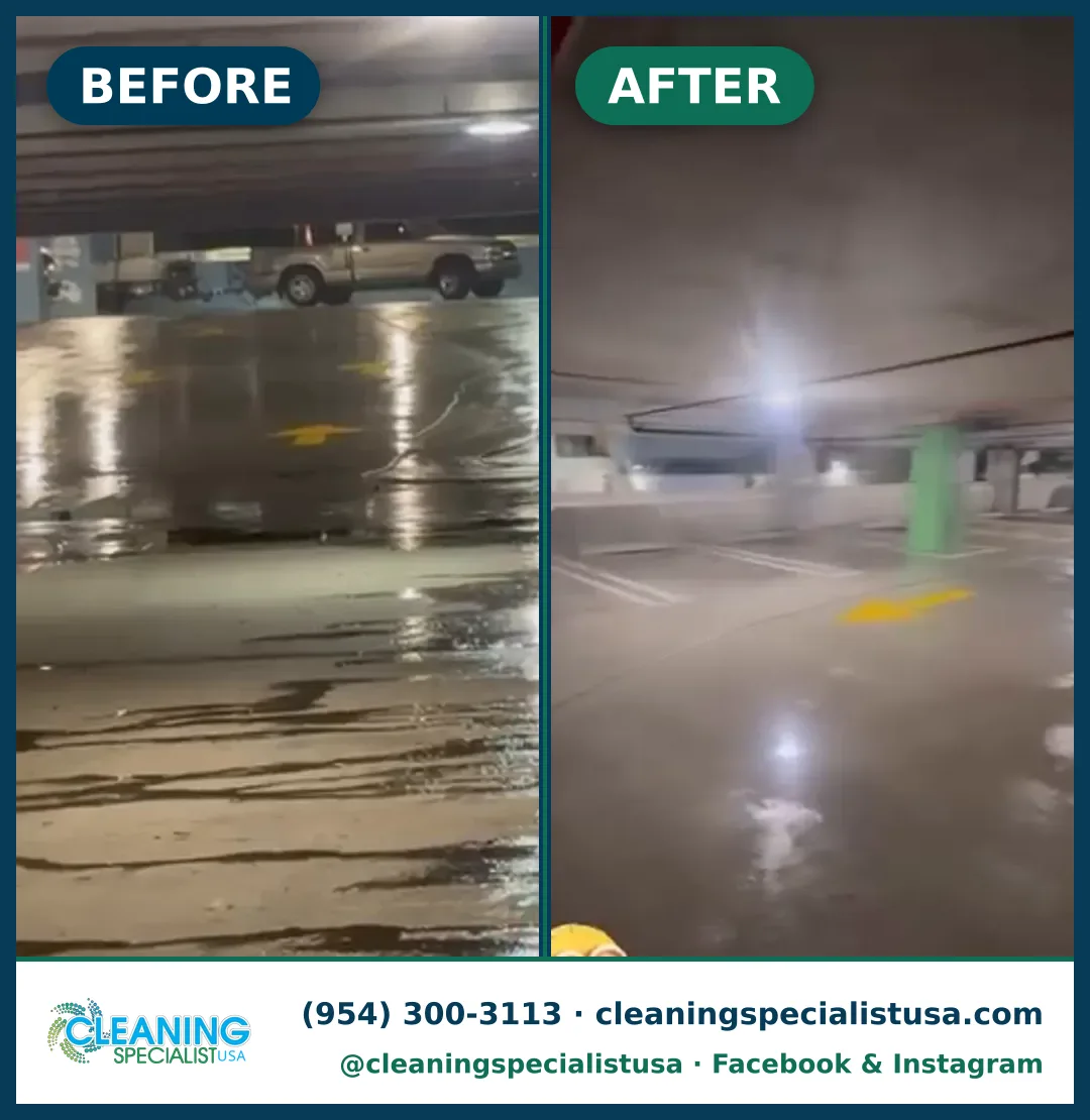 Limpieza de piso de estacionamiento, de noche, Brickell: antes y después