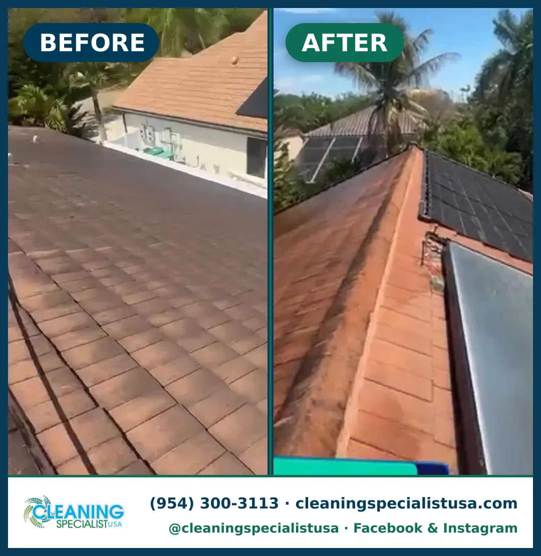 Tile roof soft-wash, Embassy Lakes, Cooper City: before and after