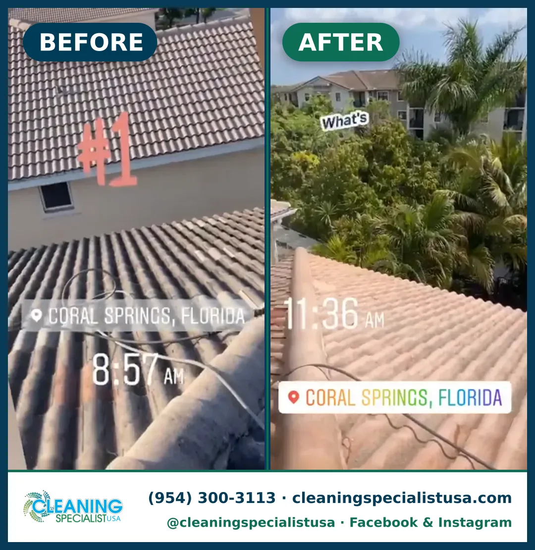 Lavado suave de techo de tejas, Coral Springs: antes y después