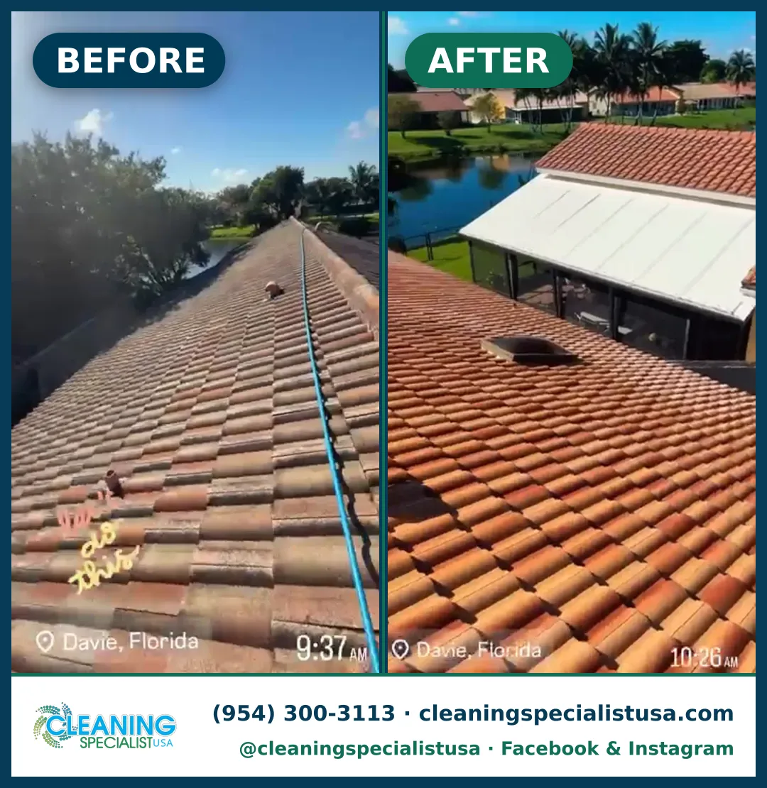 Lavado suave de techo de teja curva, Davie: antes y después