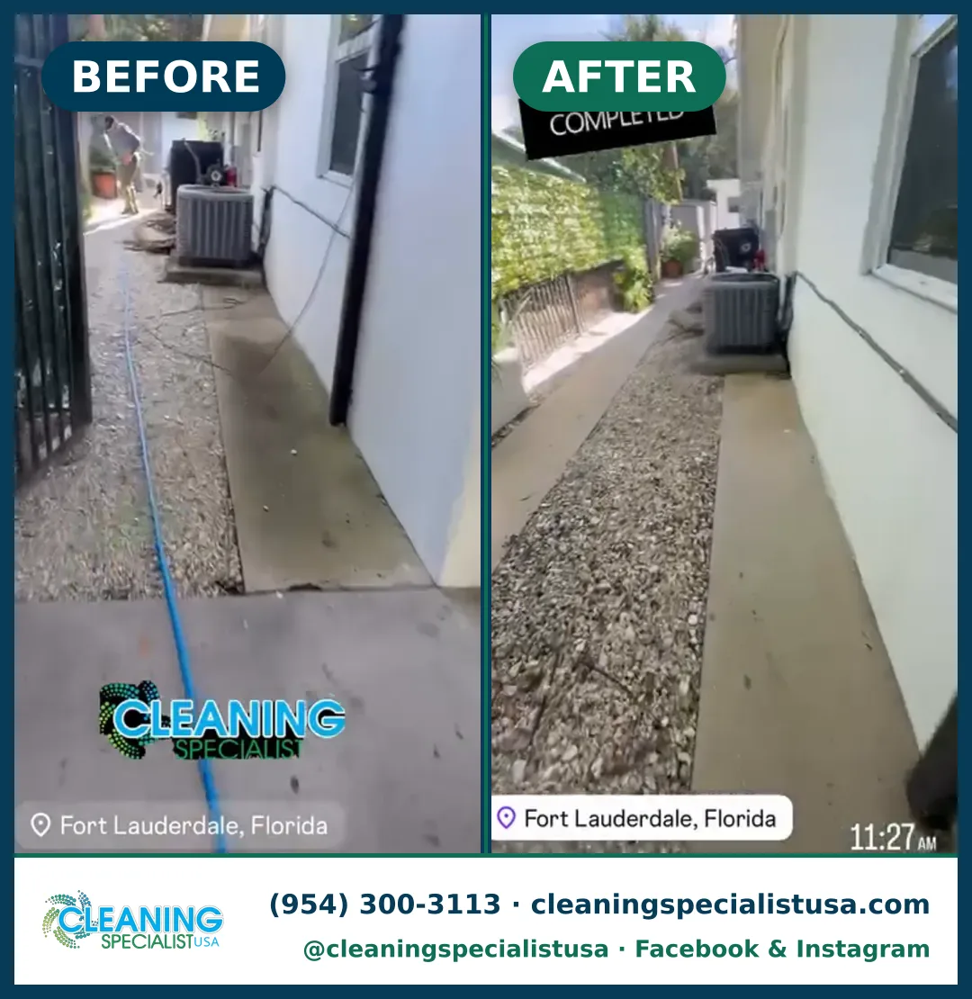 Side walkway and house wash, Fort Lauderdale: before and after