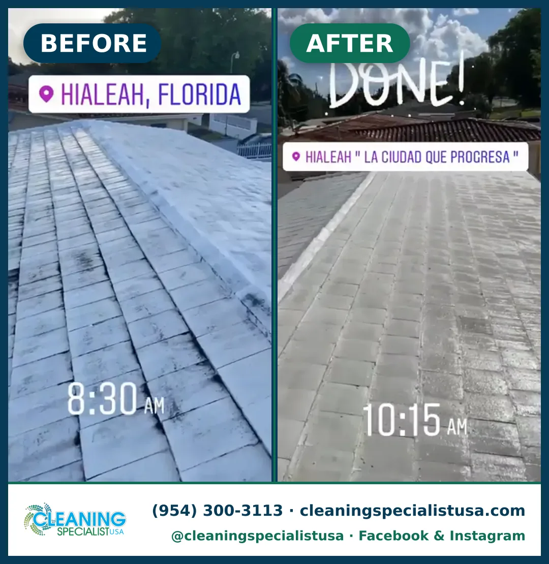 Lavado suave de techo de teja plana, Hialeah: antes y después