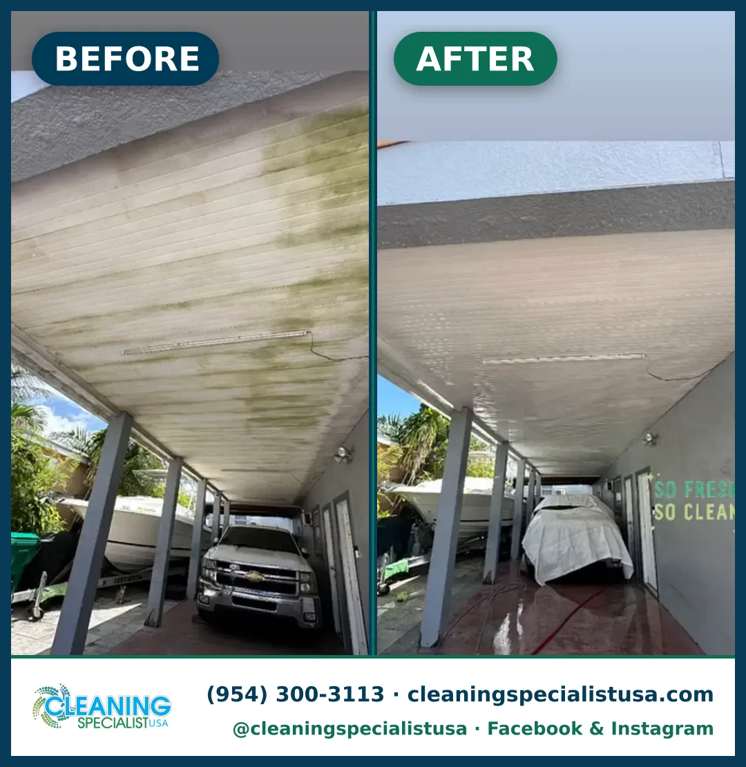 Drive-thru canopy soft-wash, Hialeah Gardens: before and after