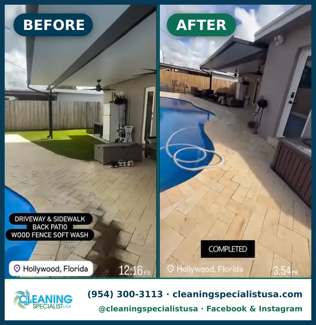 Covered patio and pool deck, Hollywood: before and after