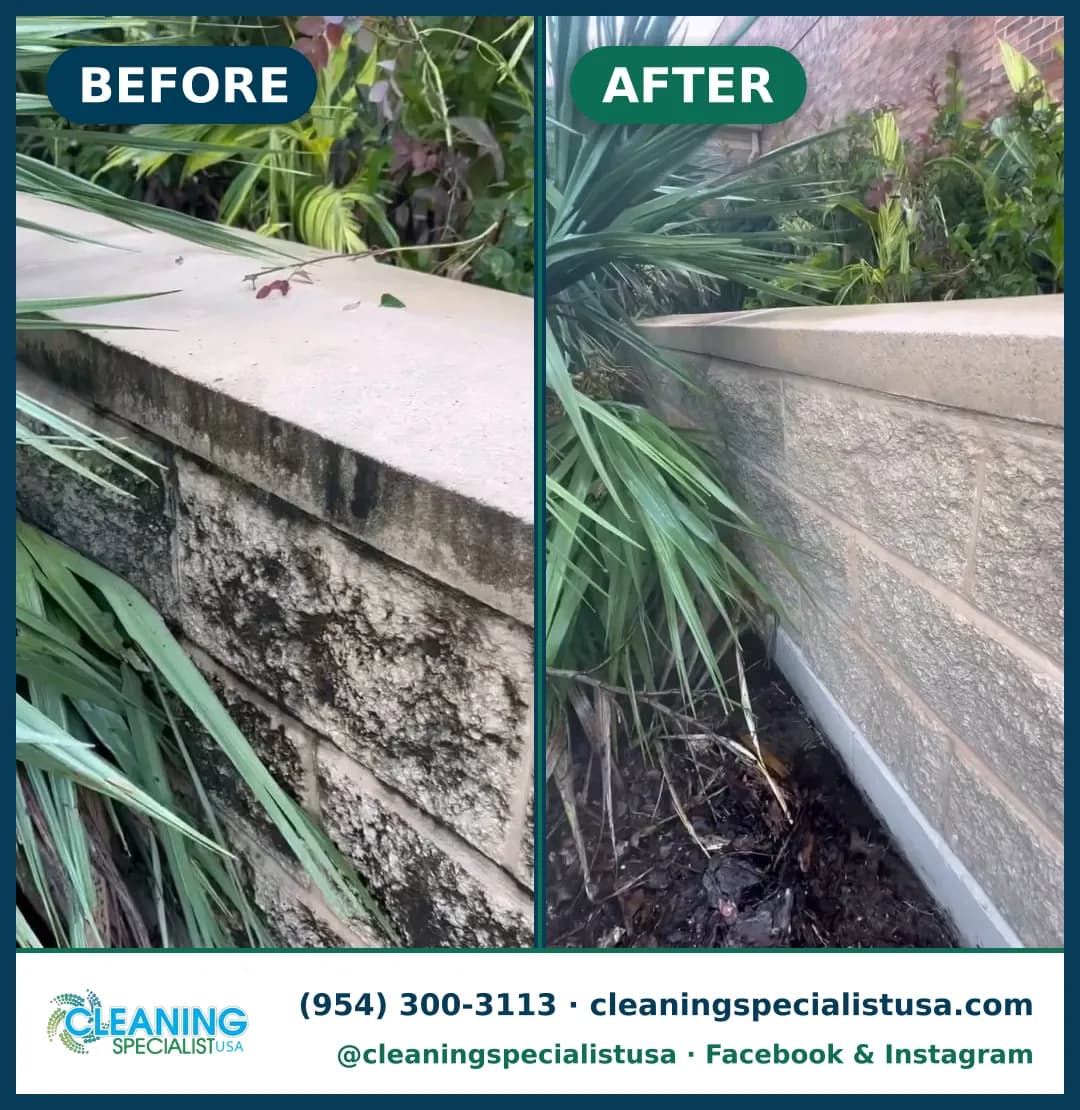 Limpieza de muro de contención, campus comercial, Orlando: antes y después