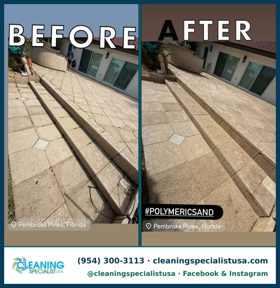 Paver patio cleaning and re-sanding, Pembroke Pines: before and after