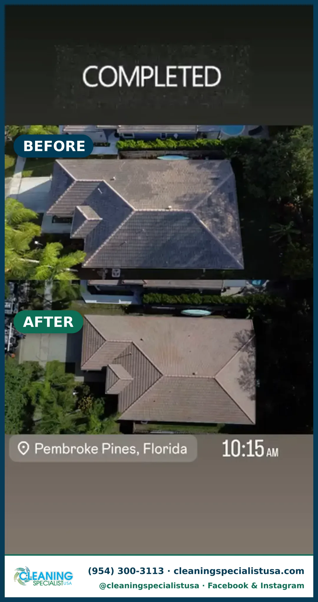 Tile roof soft-wash, two roofs, Pembroke Pines: top roof before, bottom roof after