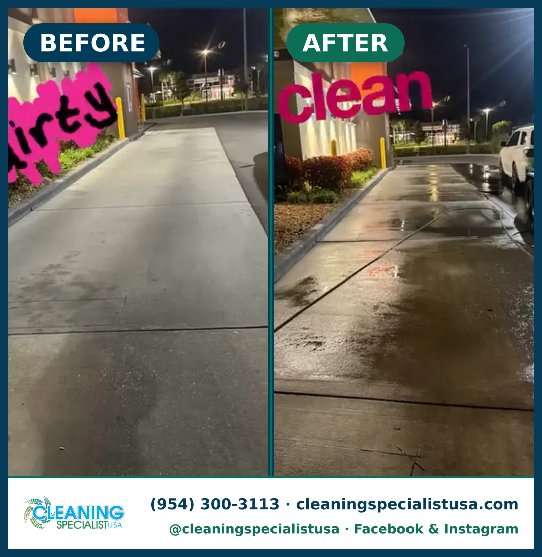 Limpieza de acera de restaurante, de noche, Tampa: antes y después