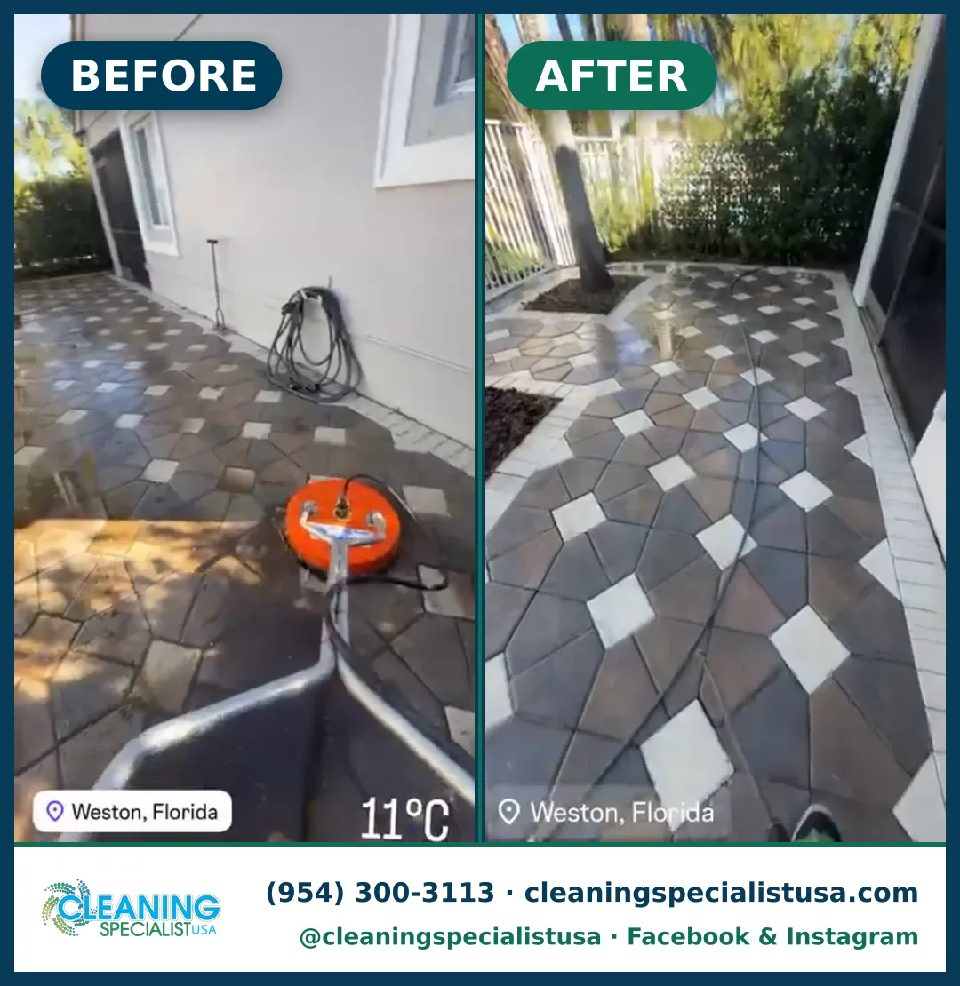 Limpieza de patio de adoquines, Weston: antes y después